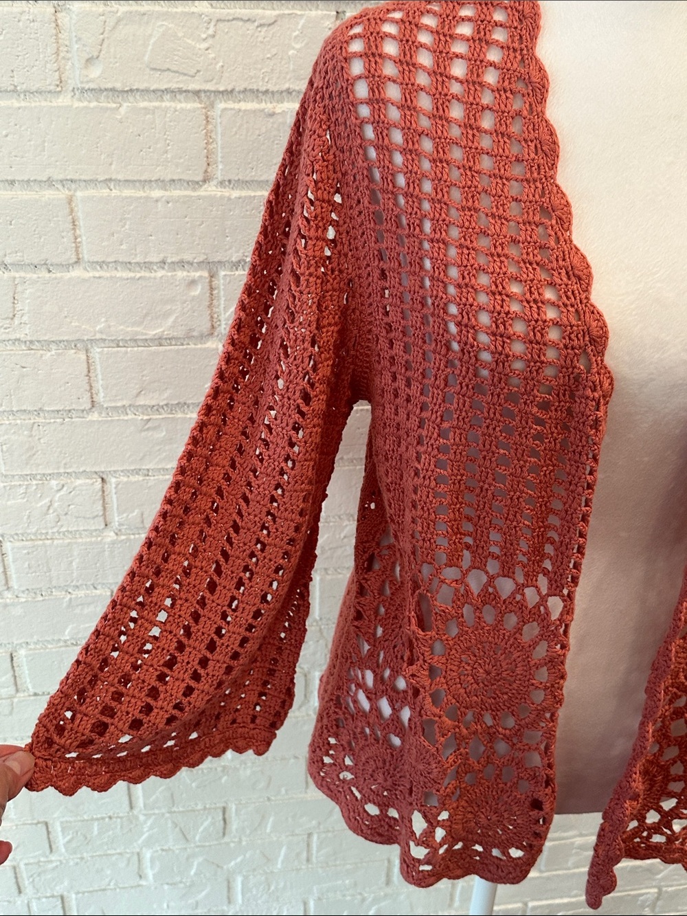 Open-Front Crochet Cardigan Sweater - Coral - Picture 6 of 13